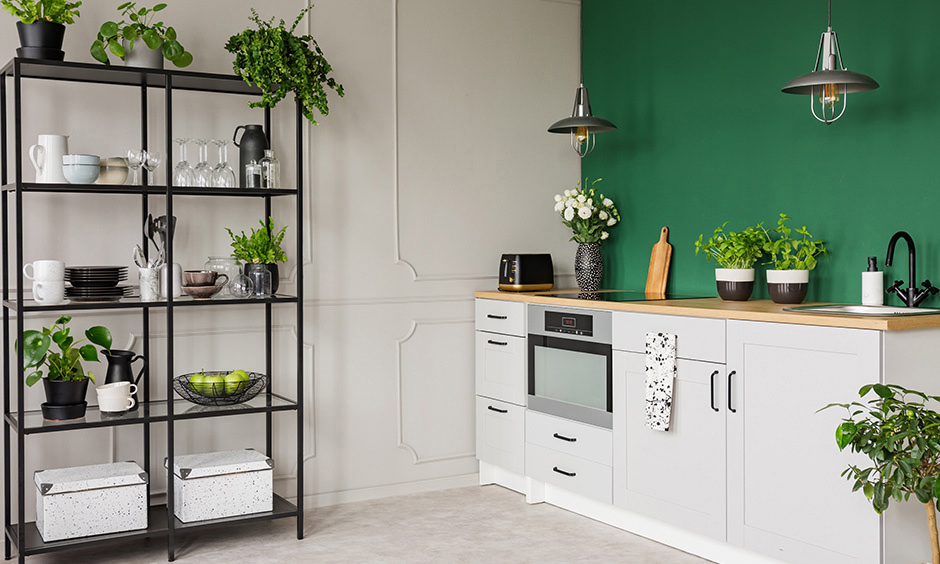 Modern small kitchen ideas in mid-century style with a small garden