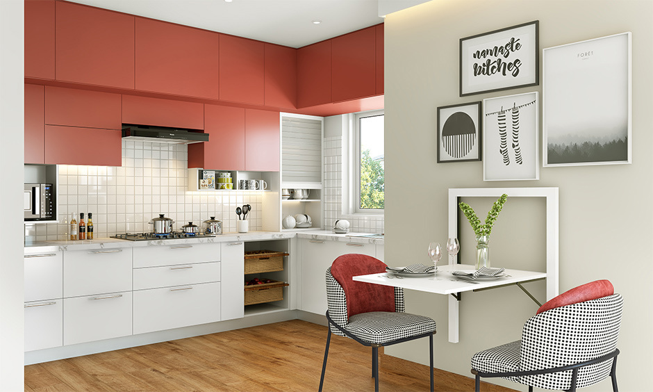 Modern small kitchen ideas with a tiled backsplash in red and white colour