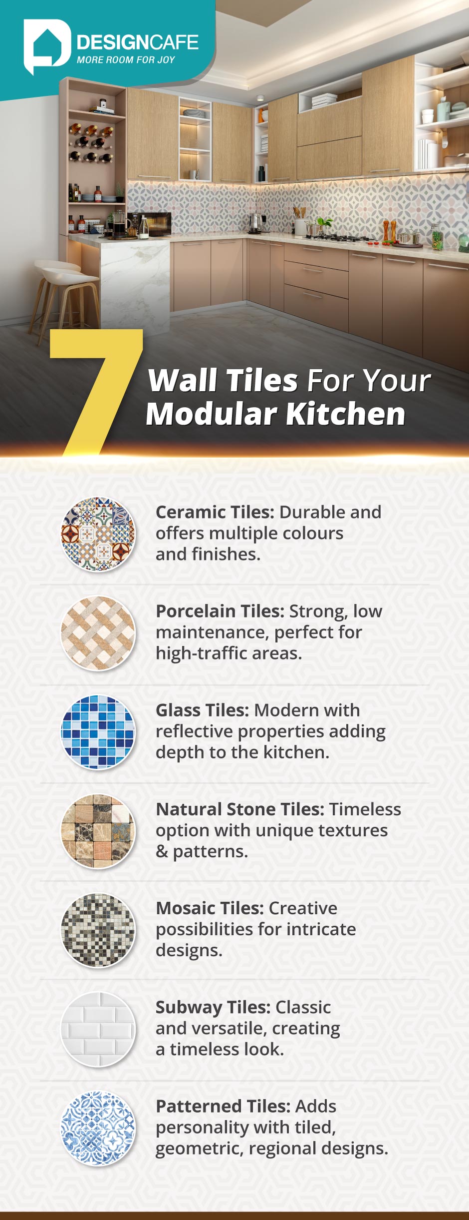 Seven modular kitchen wall tiles: ceramic, porcelain, glass, natural stone, mosaic, subway, and patterned tiles
