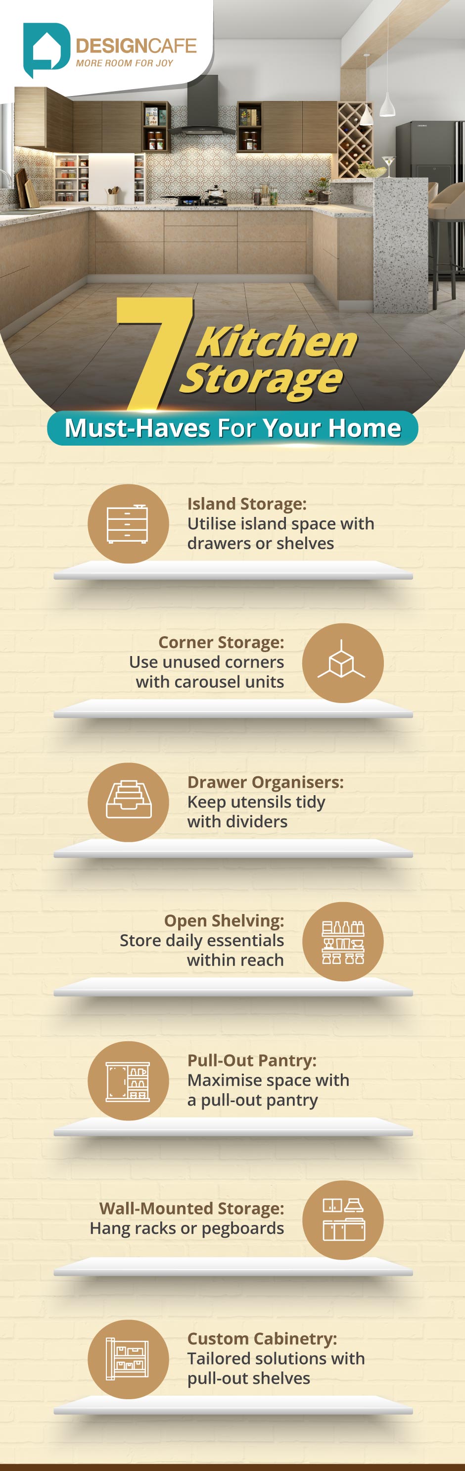 7 Kitchen storage ideas: island, corner, drawer organizers, open shelving, pull-out pantry, wall-mounted, custom cabinetry