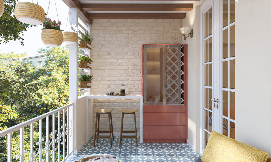 White French door design for balcony outdoor bar for a luxurious look