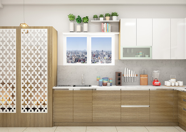Wood and white kitchen sunmica design for a sleek and aesthetic look
