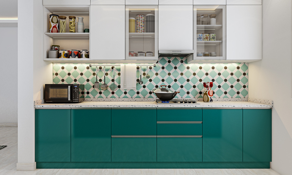 Glass painting colours on the kitchen backsplash, adding artistic charm and easy maintenance to home decor