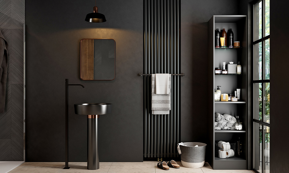 Simple black bathroom with a pedestal sink design