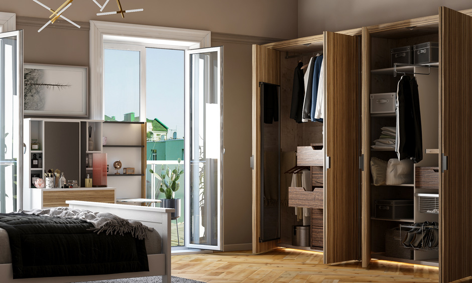 Simple closet door ideas with added amenities like pull-out iron board