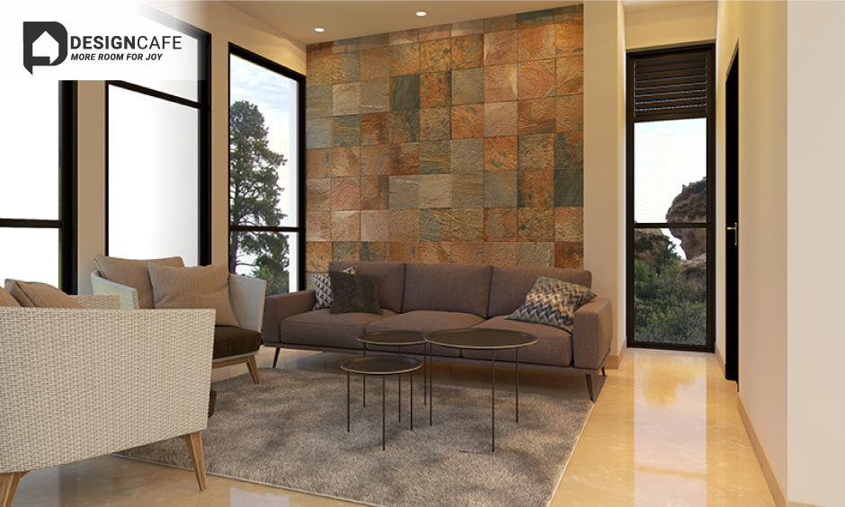 Combination of walls for the drawing room with terracotta shades evokes a sense of luxury