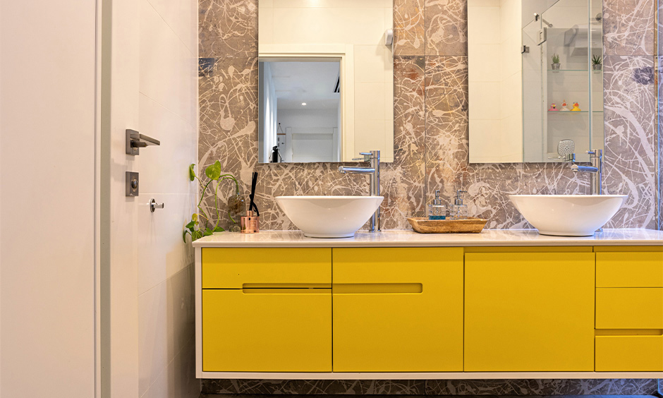 Contemporary bathroom vanity with double sink and mirror