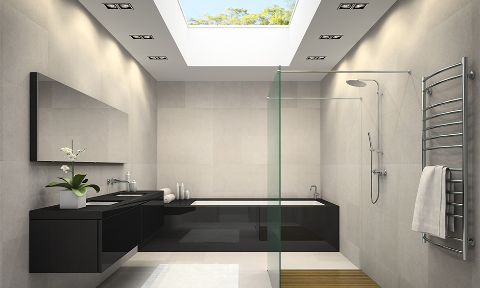 Doorless walk-in shower idea with skylight brings natural light and a sense of openness to the bathroom