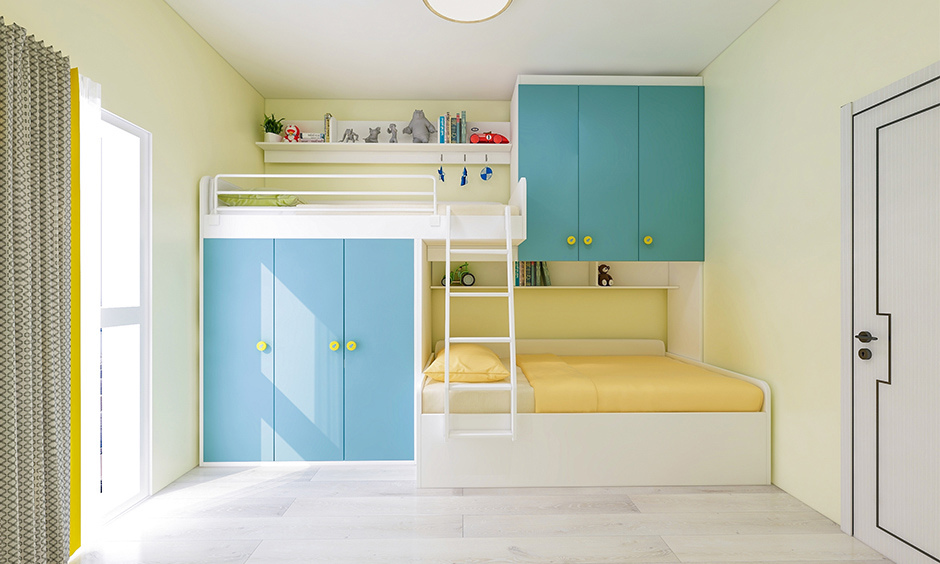 Double deck bed designs with closet which keeps the clutter away
