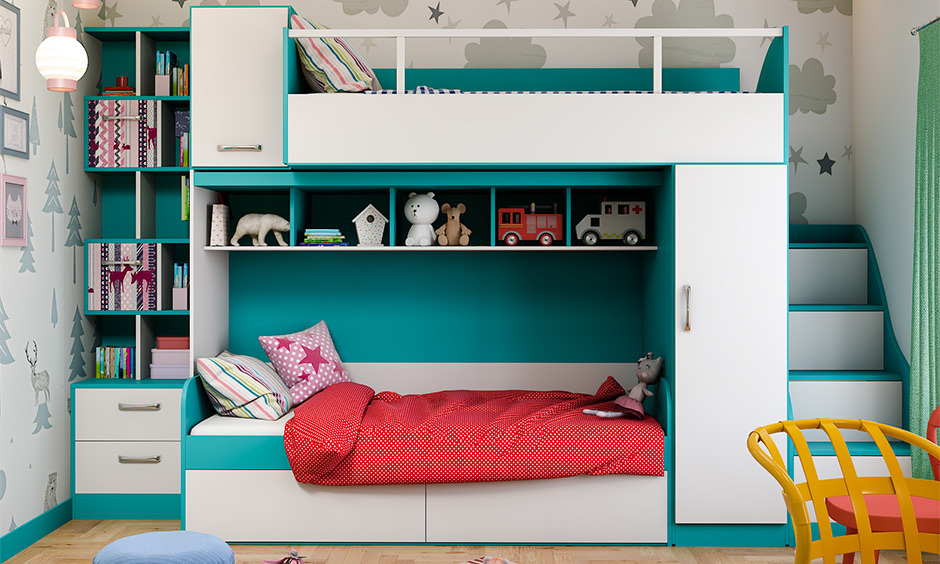 Double deck bed designs with multiple storage solutions for kids