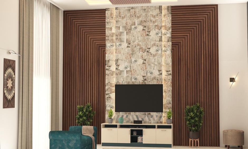 Double height living room wall design with potted plants