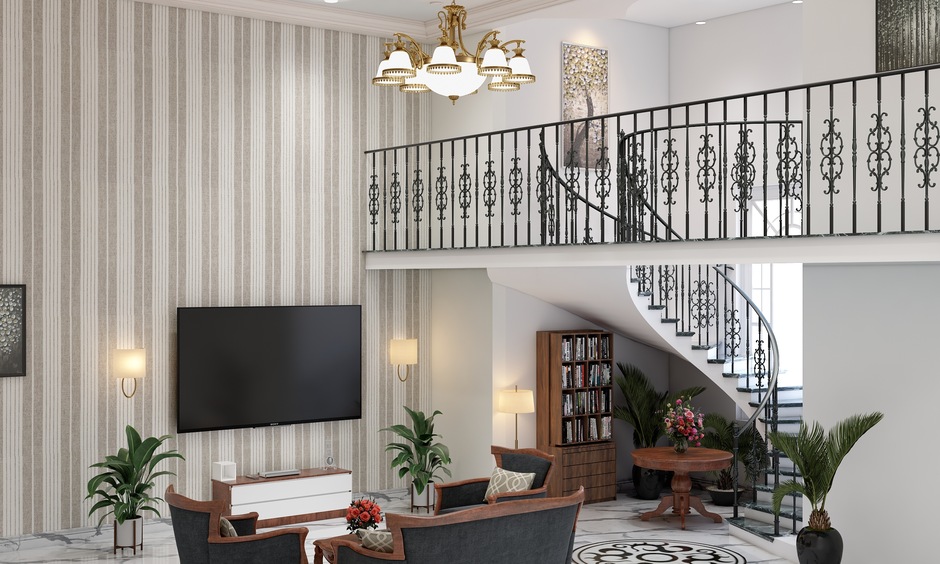 Double height living room with staircase which acts as a showstopper