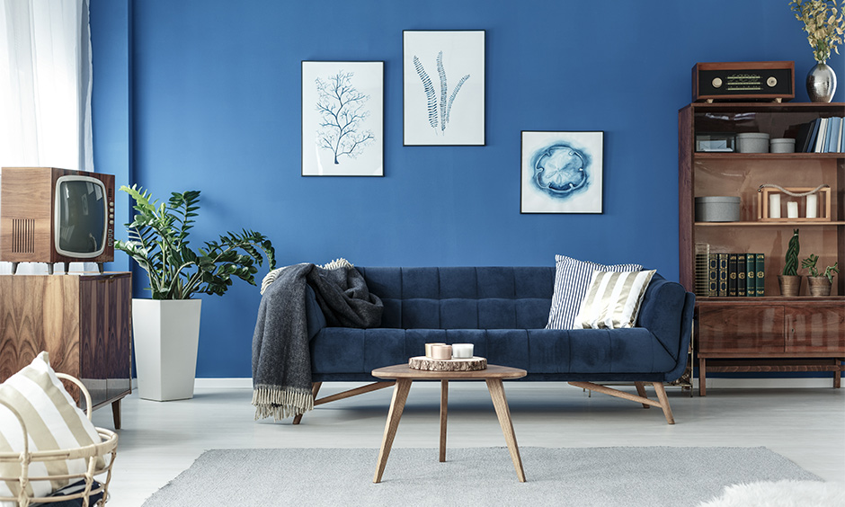 Drawing room wall colour in serene shades of blue, adding depth and sophistication to the space