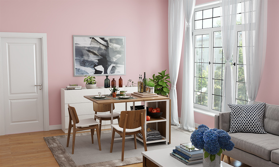 Drawing room wall colour design in blush pink