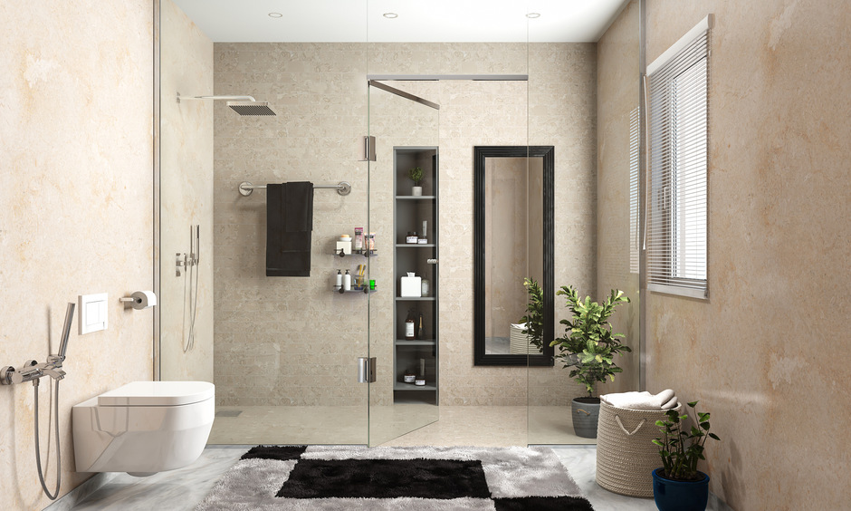 Floor-to-ceiling glass-enclosed walk-in shower
