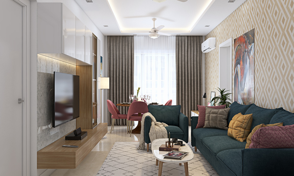Vitrified tiles texture for the living room in beige with pops of colour