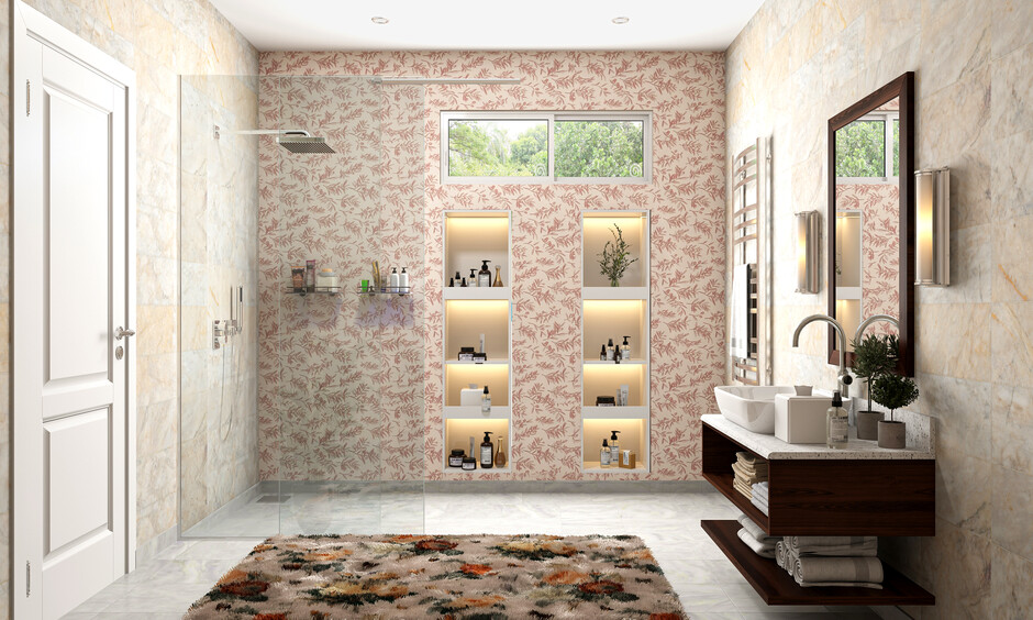 Master bathroom: Walk-in shower idea with a rainfall shower head and built-in illuminated shelves