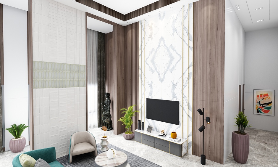 Modern double height living room with a marble wall