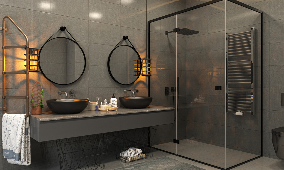 Luxurious walk-in shower in a monochrome design that exudes sophistication