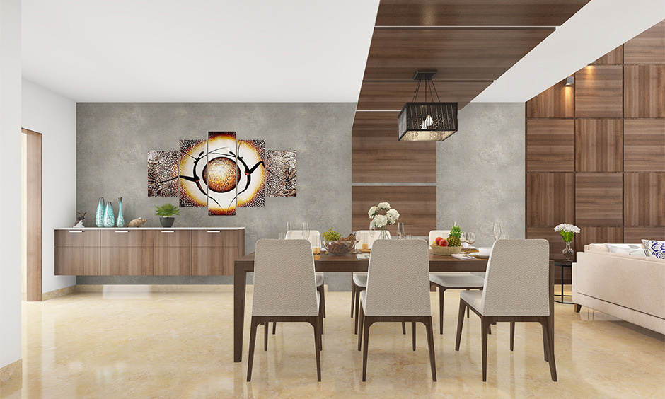 Natural wooden vitrified tiles texture for the spacious dining area