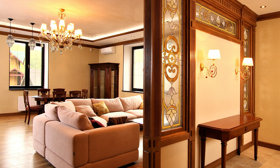 Room divider with creative glass painting, balancing privacy and natural light in home decor