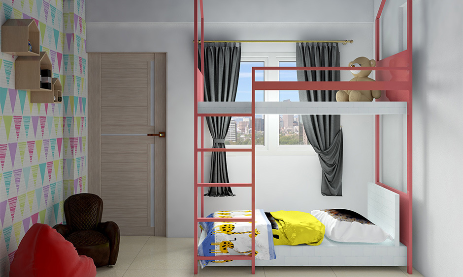 Simple double deck bed designs in red which looks minimalist