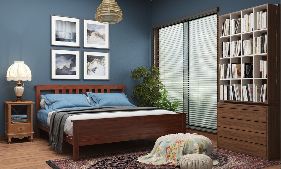 Simple teak wood bed design with a classic slatted headboard seamlessly blends simplicity and sophistication