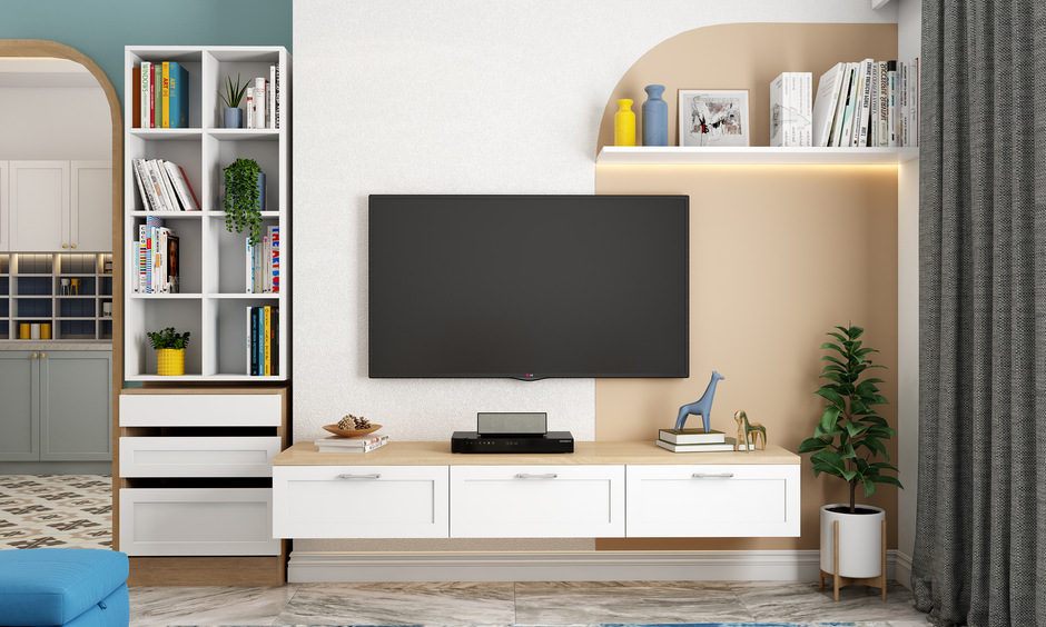 Simple wall shelf design above TV unit for storage and decor