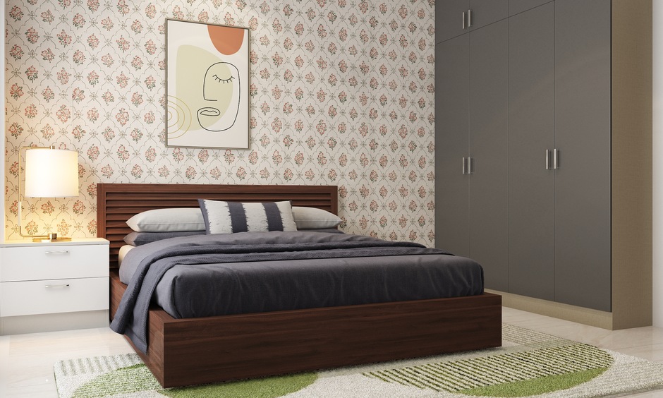 Teak wood box bed design has built-in storage, blending seamlessly with calming flower wallpaper in the bedroom