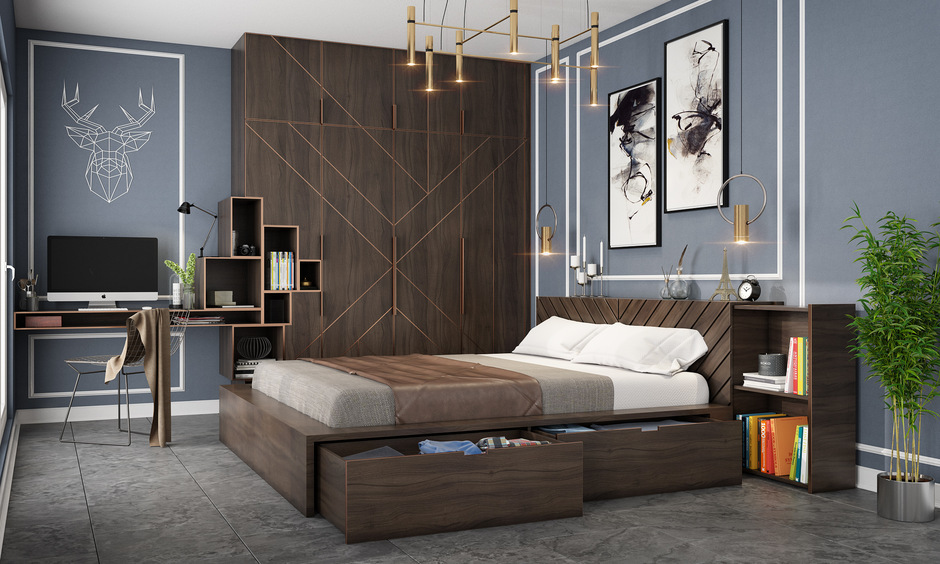 Teak wood king-size bed design with built-in side drawers, offering expansive comfort and practical storage solutions