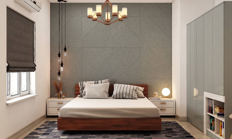 A teak wood modern bed design with natural texture and minimalist details