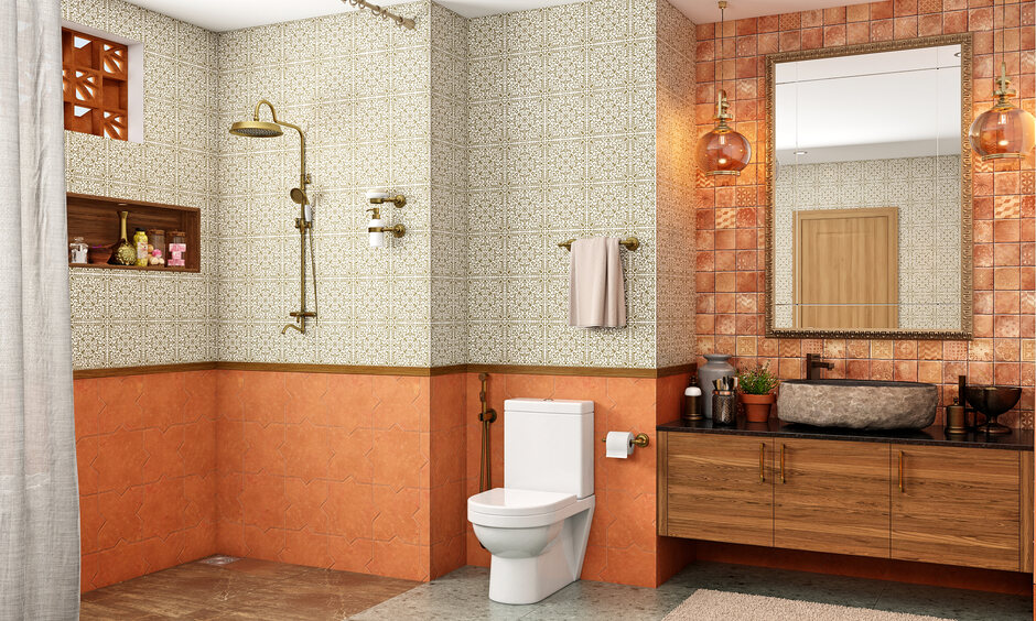 Traditional bathroom vanity with intricate detailing, antique finish, and rich wood - creating a warm and inviting ambience