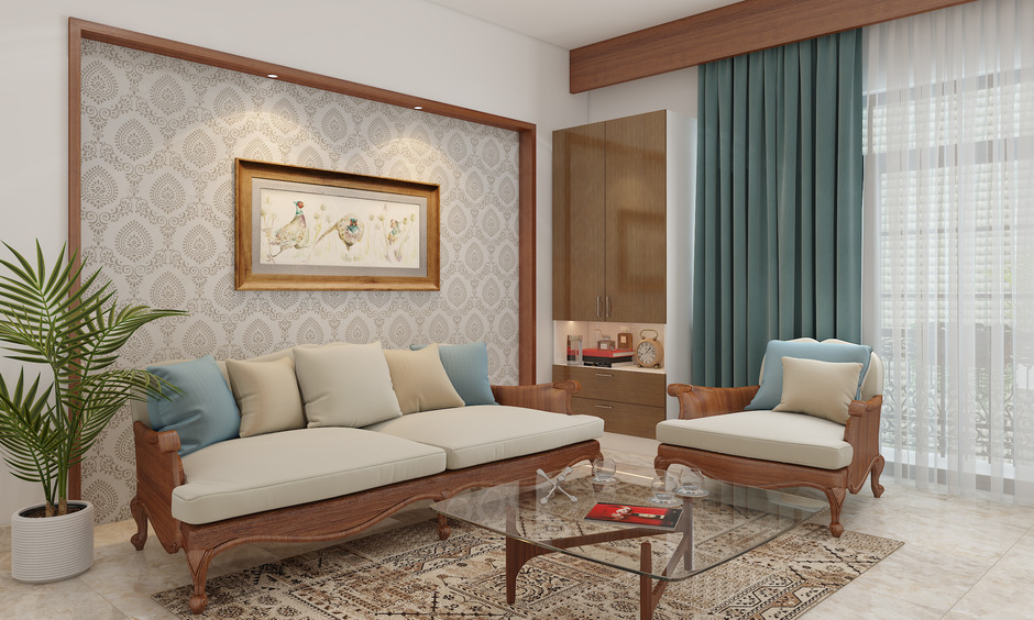 Simple Indian traditional wooden sofa design for a vibrant living room