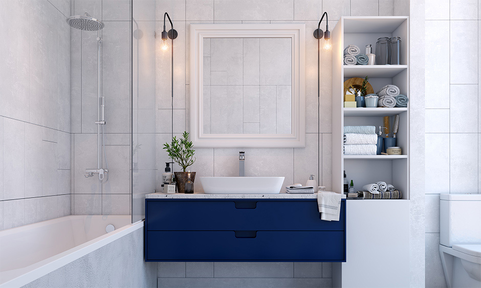 Transitional bathroom vanity unit in blue colour