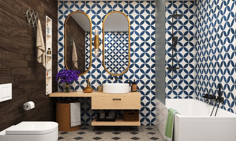 Walk-in bath shower combo, shower with two different coloured metals for an eclectic look