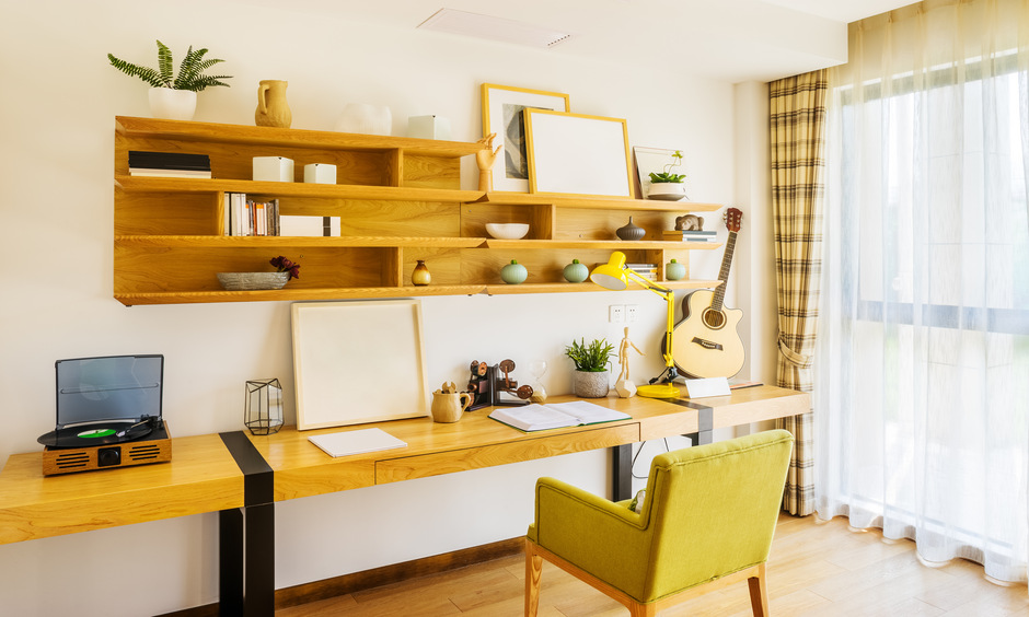 Multiple layers of wooden wall shelf designed for organizing and showcasing items