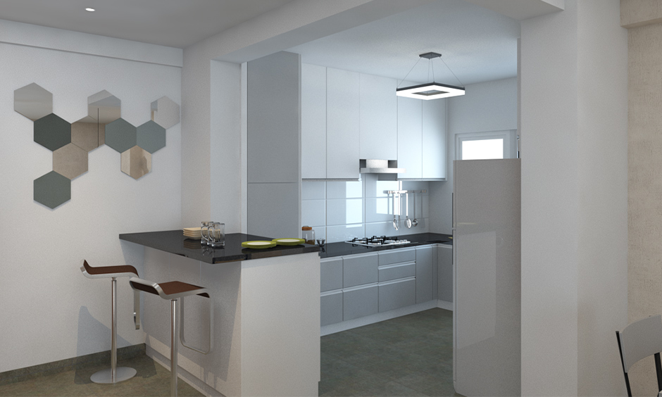Angled kitchen peninsula design with mirror artwork to create a visual drama