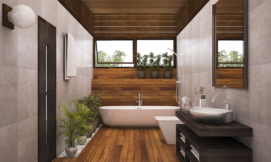 Attach toilet bathroom design with an elongated layout, wooden floors, and lush greenery for a rustic touch