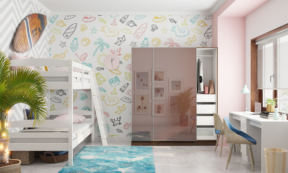 Tropical beach wallpaper for a girl’s bedroom with white furniture
