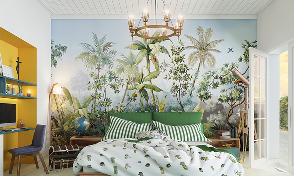 Master bedroom tropical forest wallpaper with green and white furnishing