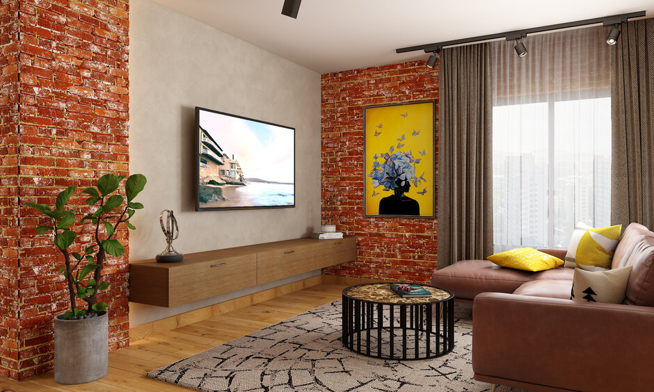Contemporary Industrial living room design with a unique coffee table for a trendy look