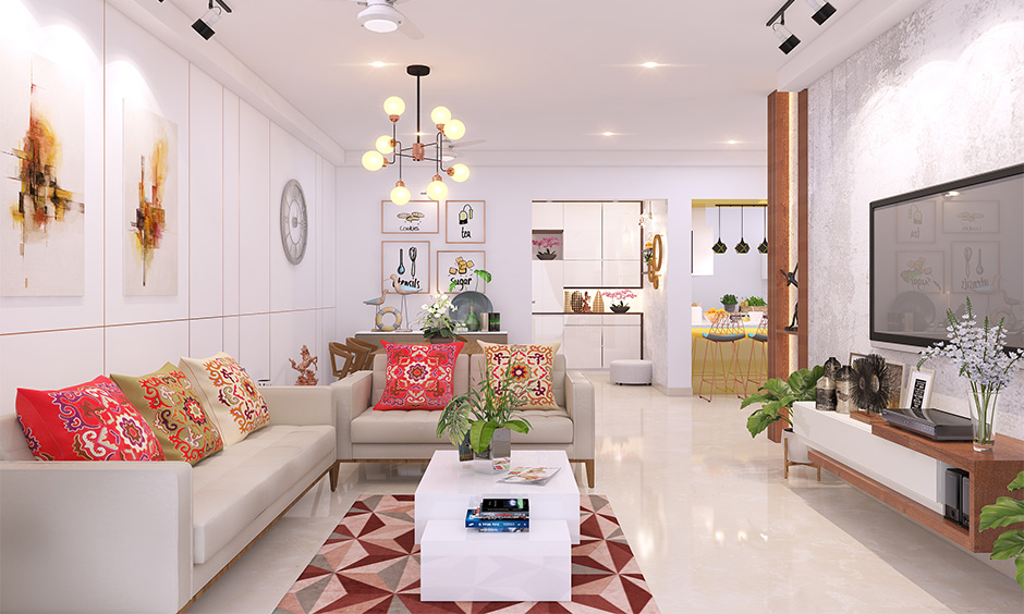 Long and narrow living room in floral pattern which adds charm to the space