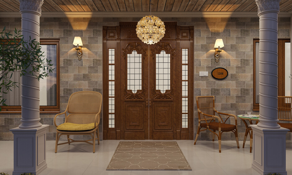 Elegant floral wood carvings adorn the main door, infusing the entrance with natural charm and a welcoming ambience