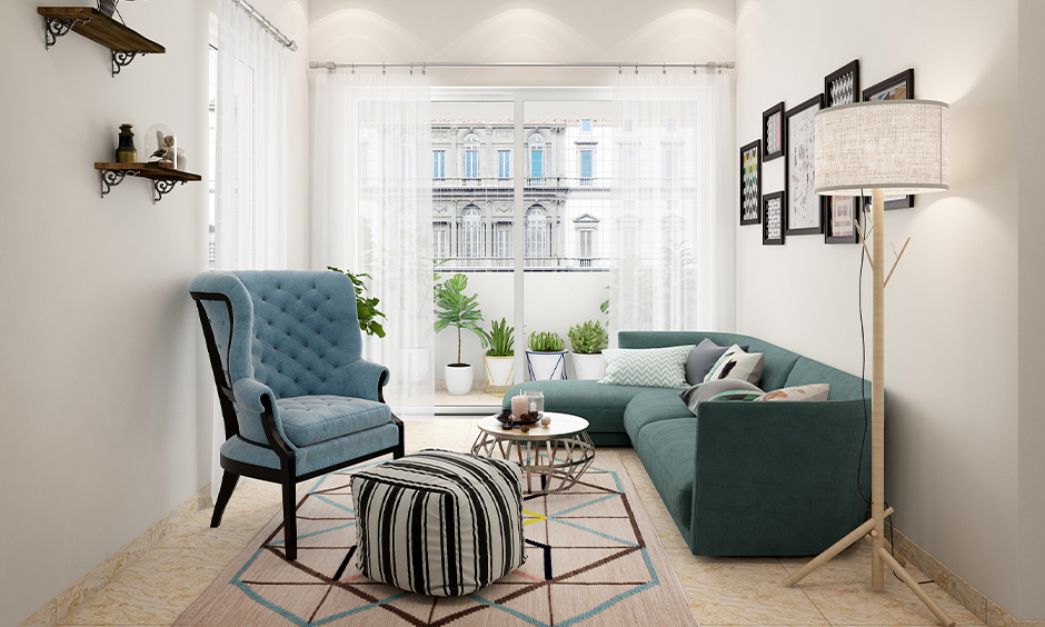 Long and narrow living room which has geometric lines which lend symmetry