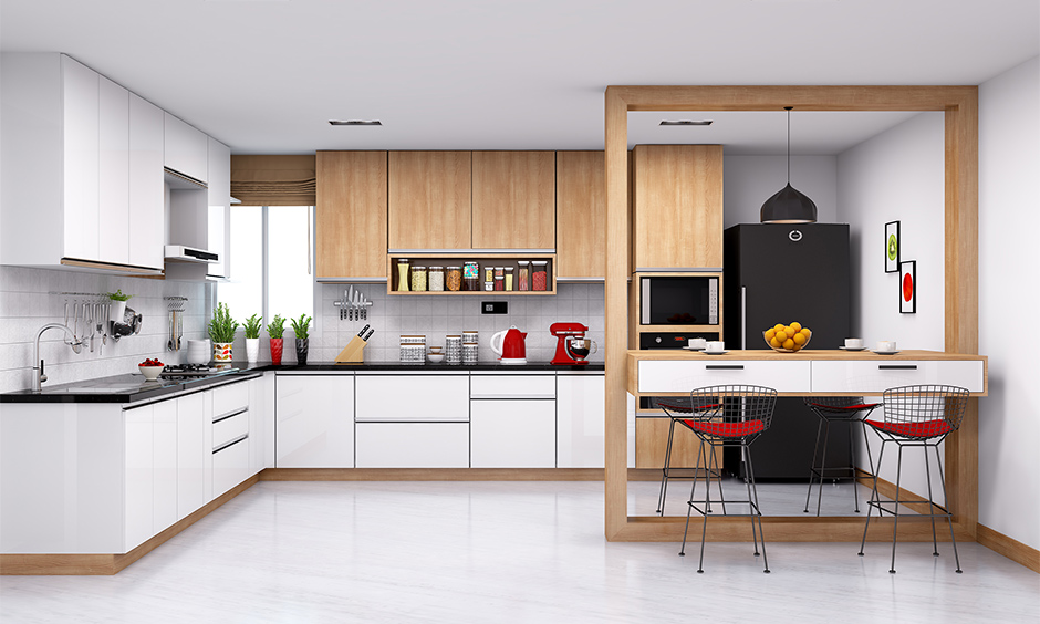 Kitchen peninsula design with column which has seating for four