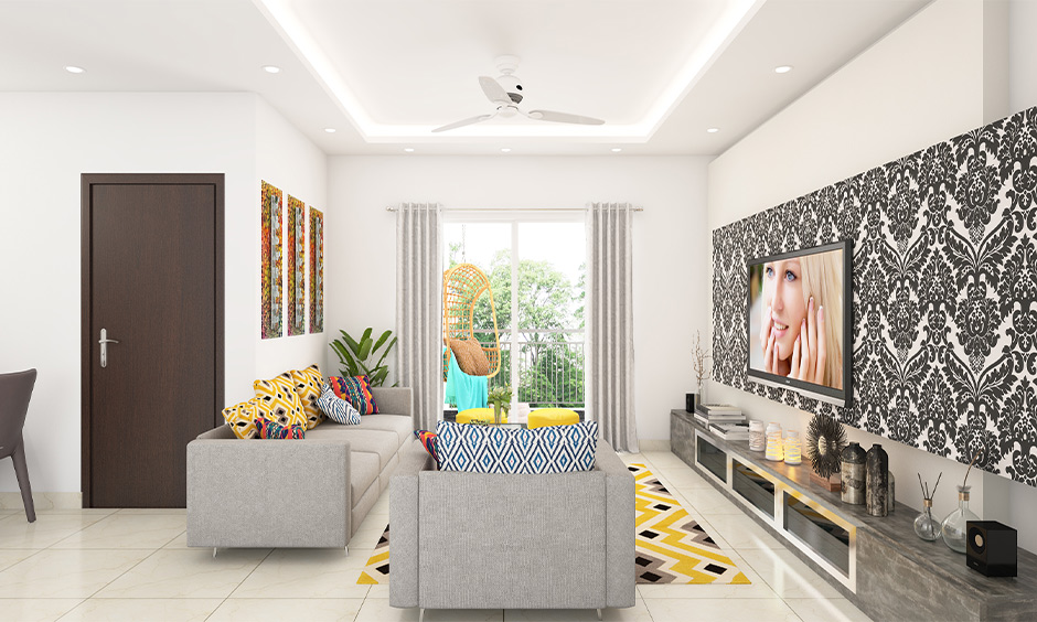 Long and narrow living room with dining room and beautiful false ceiling