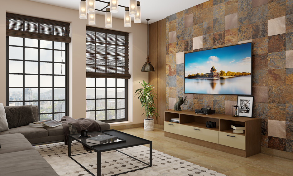 Modern Industrial living room design with earthy walls for a chic vibe