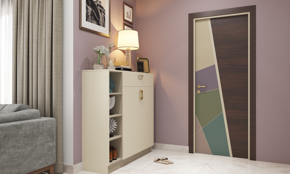 Multi-coloured flush door with a mica design enhances the warmth and appeal of the living room entryway