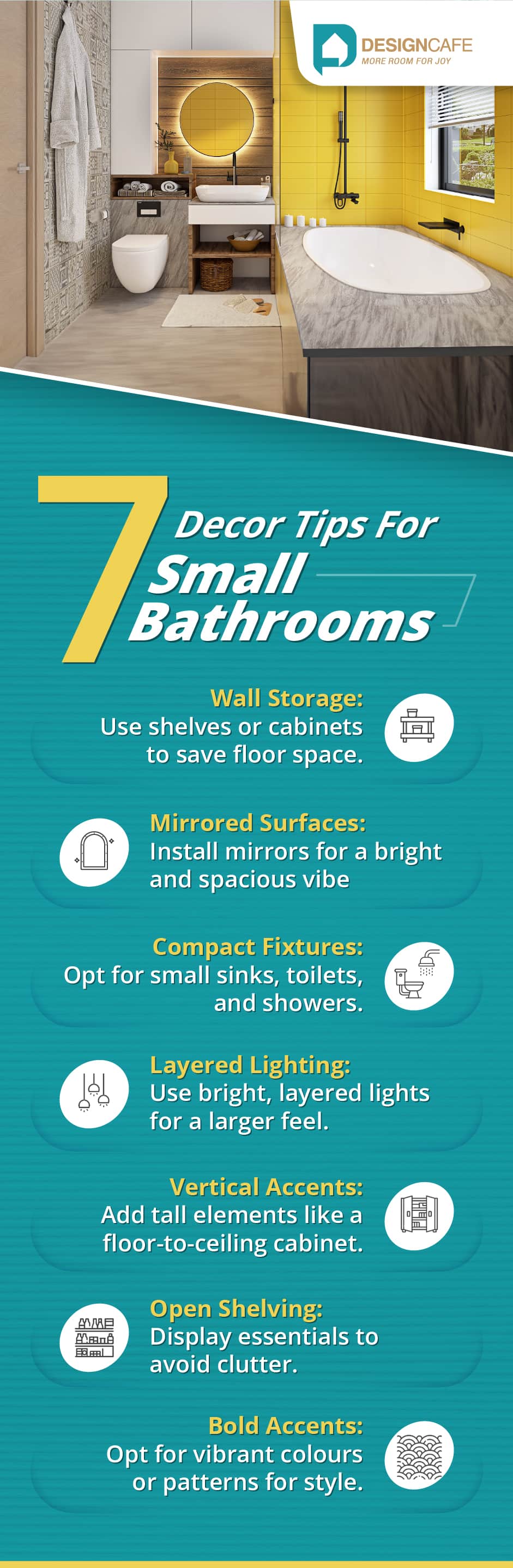 Small bathroom decor tips: wall storage, mirrors, compact fixtures, layered lighting, open shelves, vertical and bold accents
