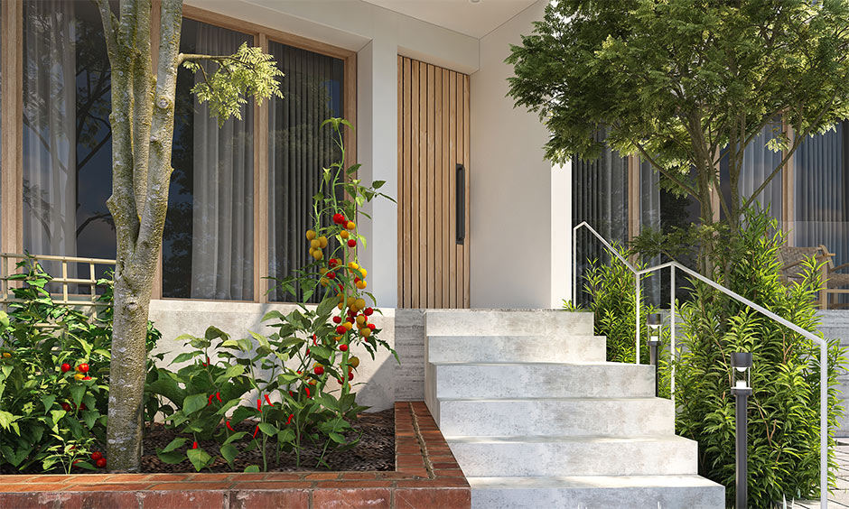 Main door features a simple wood carving design that exudes timeless charm, creating an inviting entryway atmosphere